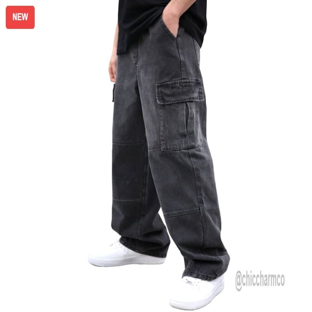 Men's Baggy Cargo Jeans Wide Leg Loose Fit Streetwear Denim Pants